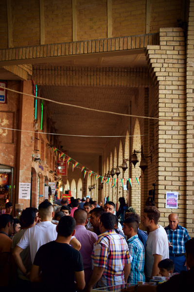 Crowds gathering in the bazaar.